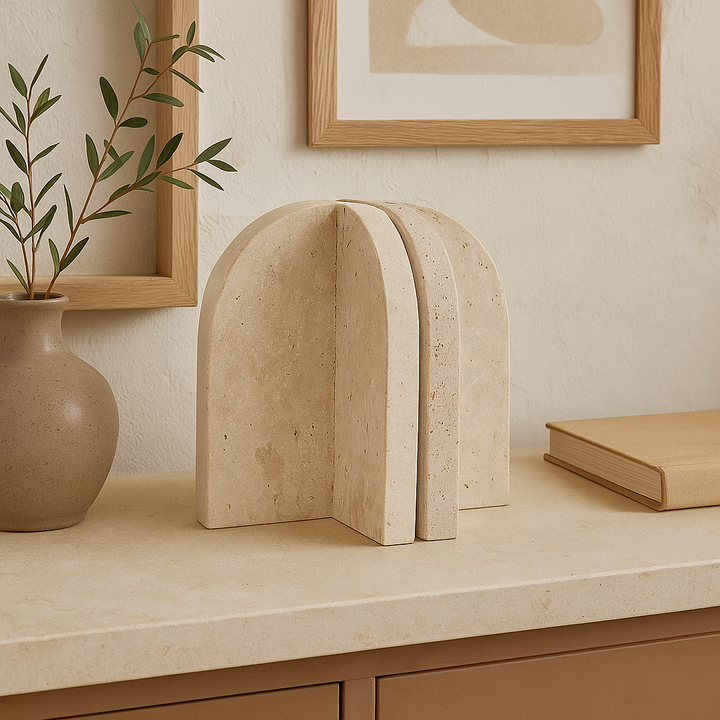Luxury travertine arch-shaped bookends styled on a beige console with ceramic vase, green foliage, and abstract artwork in a neutral interior.