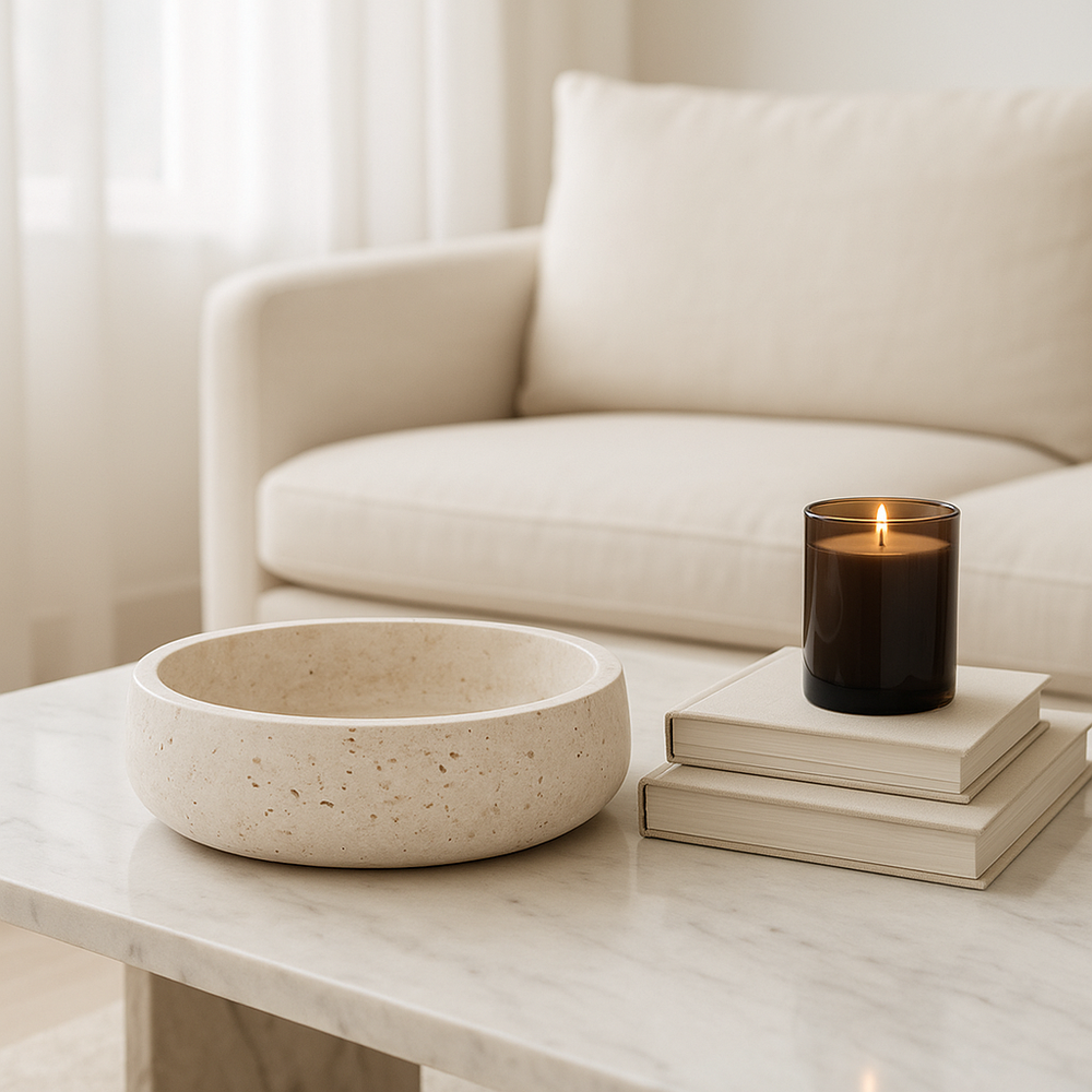 Luxury travertine stone bowl on a marble coffee table styled with stacked books and a lit dark glass candle in a modern neutral living room.