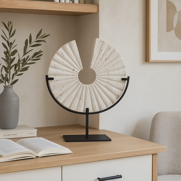 Travertine fan sculpture in natural stone colour styled in a Scandi home office.
