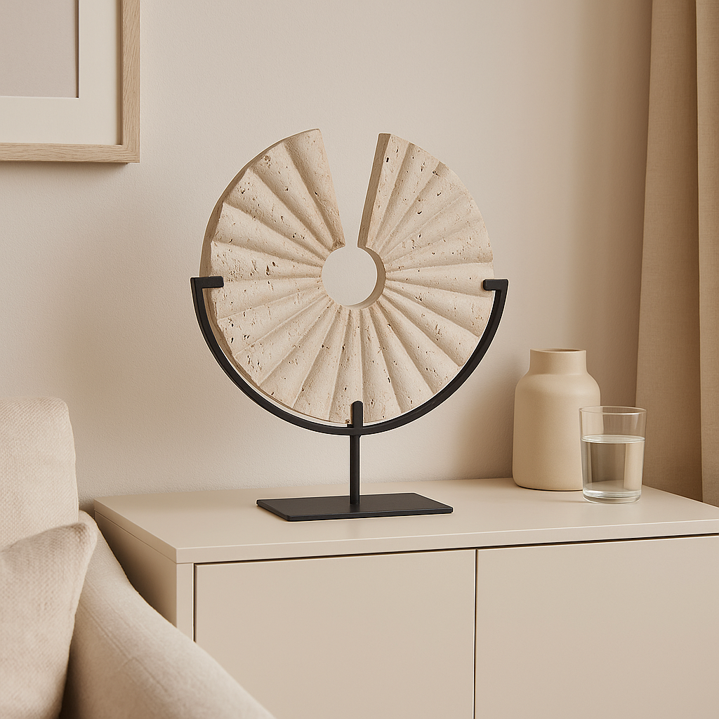 Travertine Fan Sculpture on Black Stand