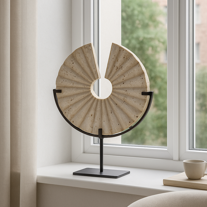 Travertine fan sculpture on stand styled on a windowsill in a Scandi living room.