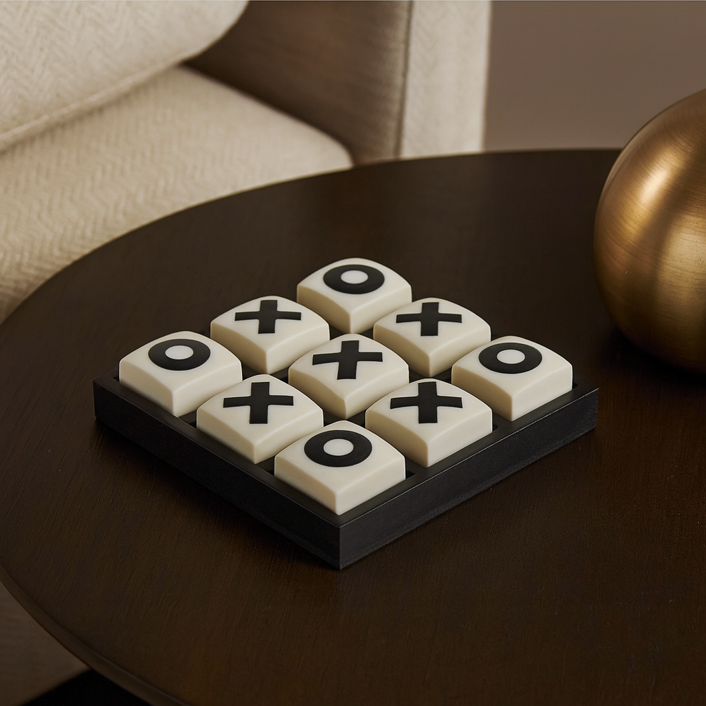 Luxury white and black tic tac toe game set styled as a small decorative accessory on a modern table
