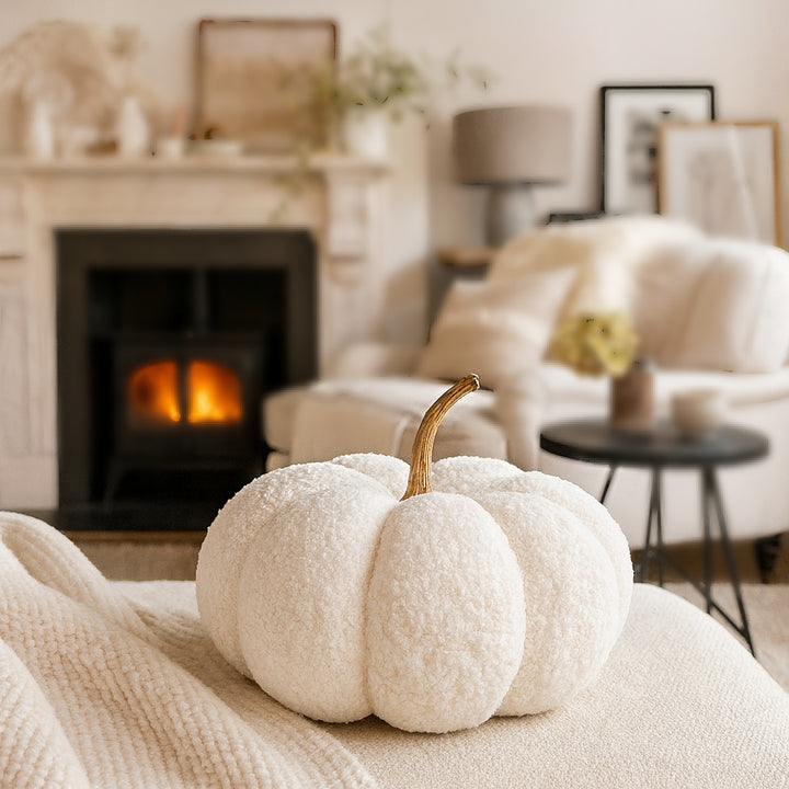 White bouclé pumpkin in ivory teddy fabric, 20cm x 28cm, luxury seasonal home décor for autumn table styling and sideboard displays.