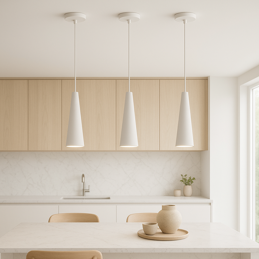 Three white ceramic cone pendant lights hanging above a marble kitchen island in a light and airy Nordic kitchen