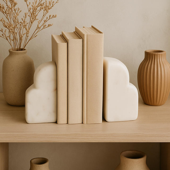Luxury white marble arched bookends styled on a light wood sideboard with neutral books and decorative vases in a Scandinavian interior