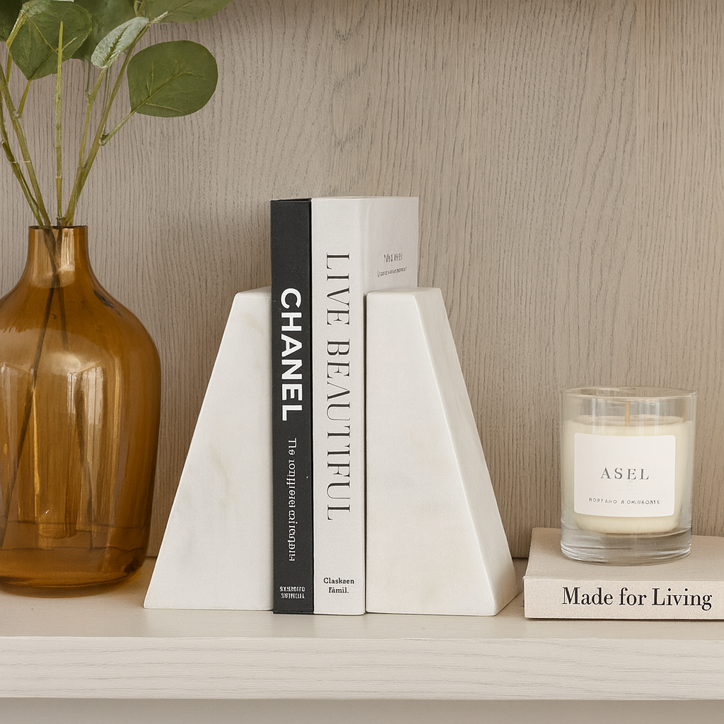 Luxury white marble bookends holding books on a wooden shelf, styled with amber vase and candle for a modern home décor look.