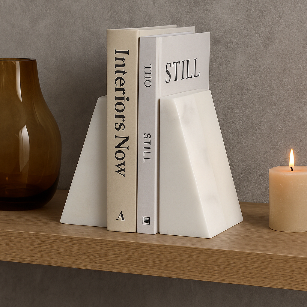 White marble bookends holding books on a wooden shelf, styled with amber vase and candle against a modern grey wall background.