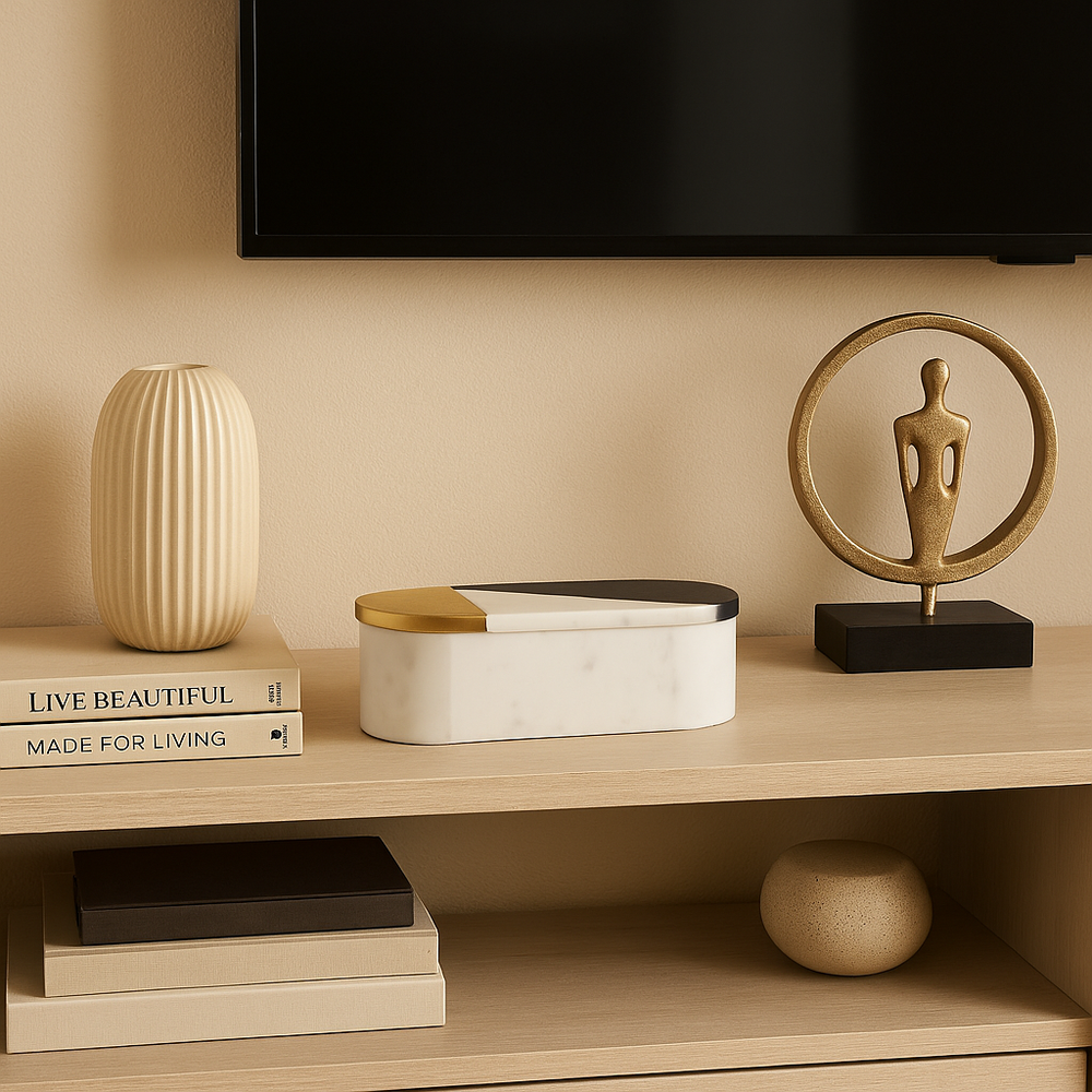 Luxury white marble decorative box with gold and black lid styled on a light wood media wall with books, vase and sculpture in a modern home