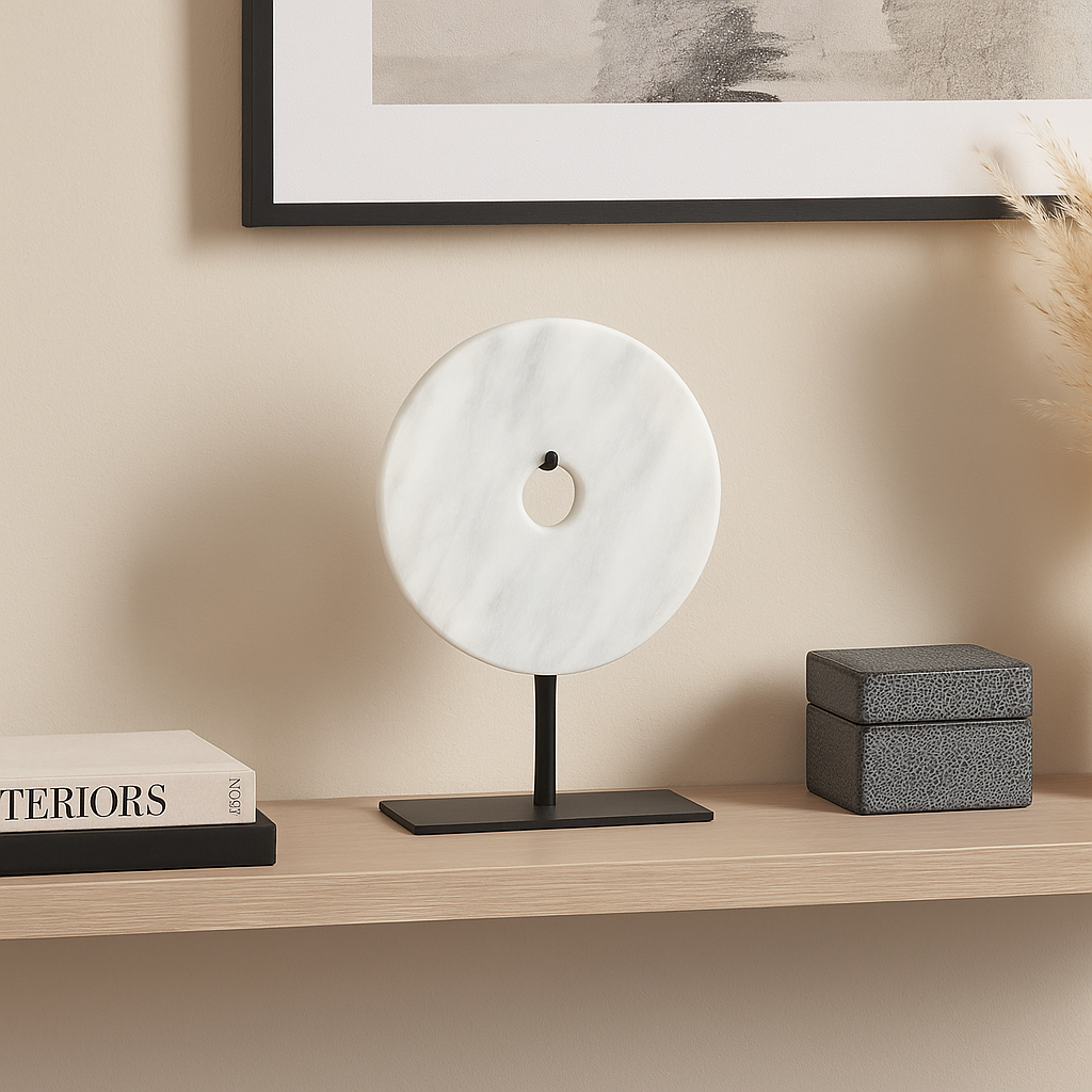 White marble disc sculpture with black hanging hook styled on a modern shelf with books and decorative accents in a Scandi-luxury setting