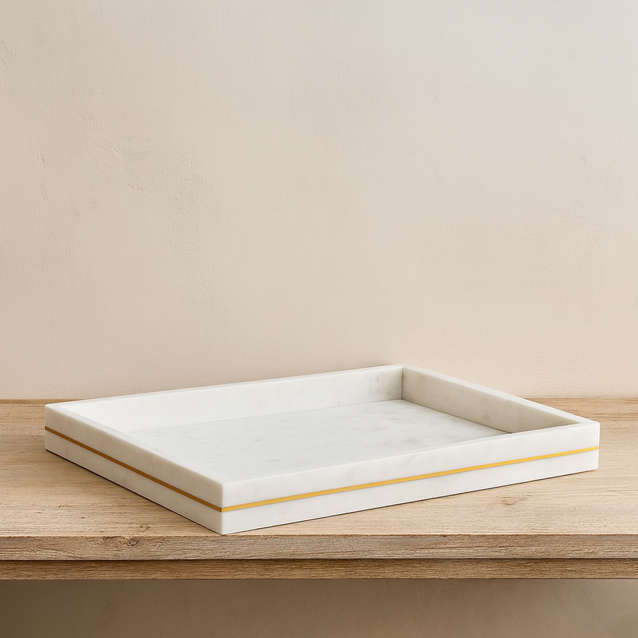 Luxury white marble tray with gold accent stripe, 38cm decorative serving and styling accessory for modern interiors