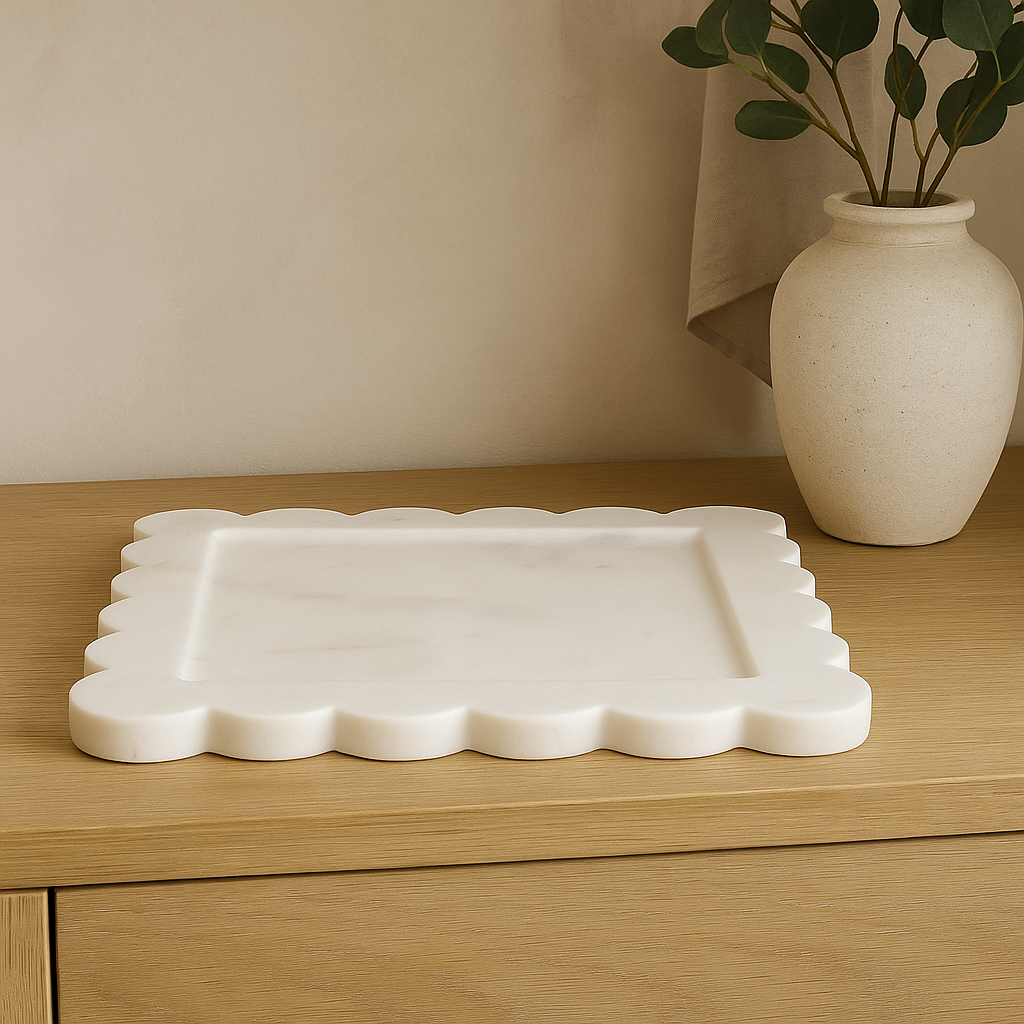 Luxury white marble tray with scalloped edges, 30cm wide decorative serving and styling accessory for modern interiors