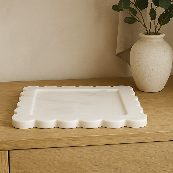 Luxury white marble tray with scalloped edges, 30cm wide decorative serving and styling accessory for modern interiors