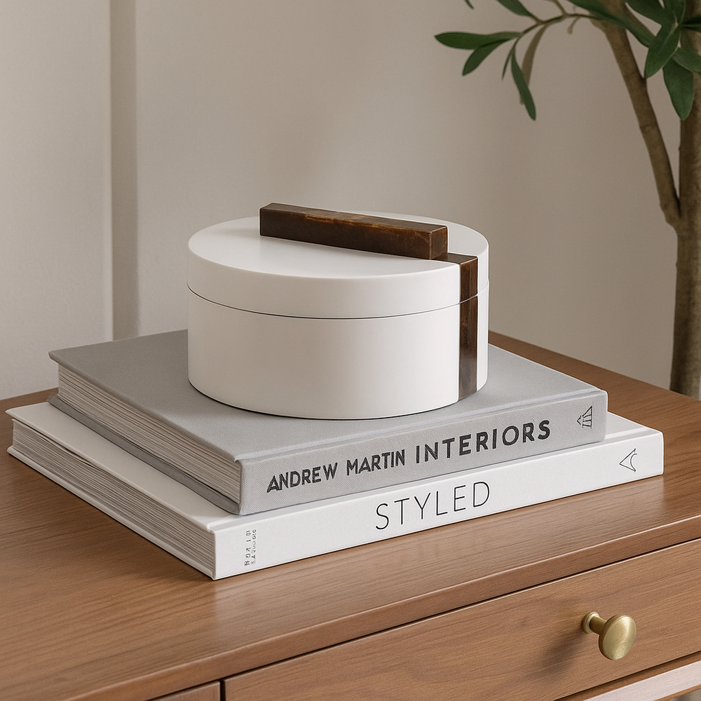 Luxury white round trinket box with brown marble effect handle styled on sideboard stacked on design books
