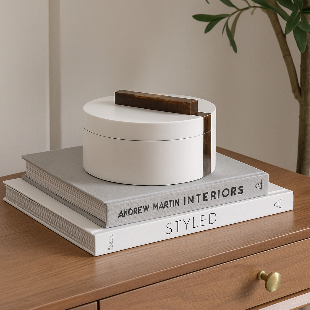 Luxury white round trinket box with brown marble effect handle styled on sideboard stacked on design books