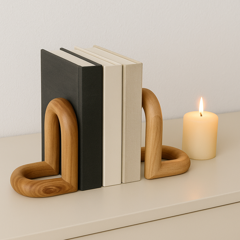 Scandi style wooden bookends holding books on a cream sideboard with a lit candle – minimalist Nordic home décor