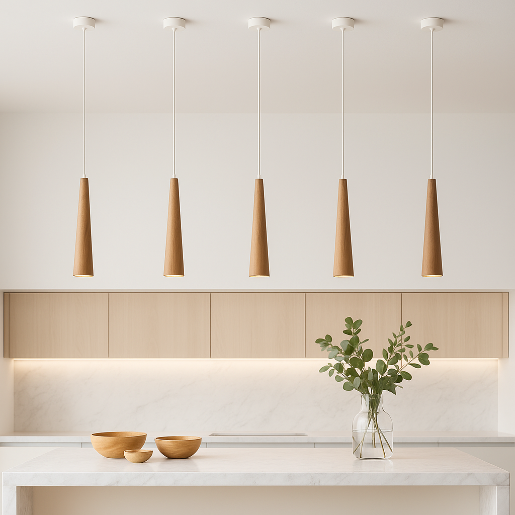 Five wooden pendant lights above a white marble island in a Scandinavian modern kitchen with light cabinetry, bowls, and vase greenery.