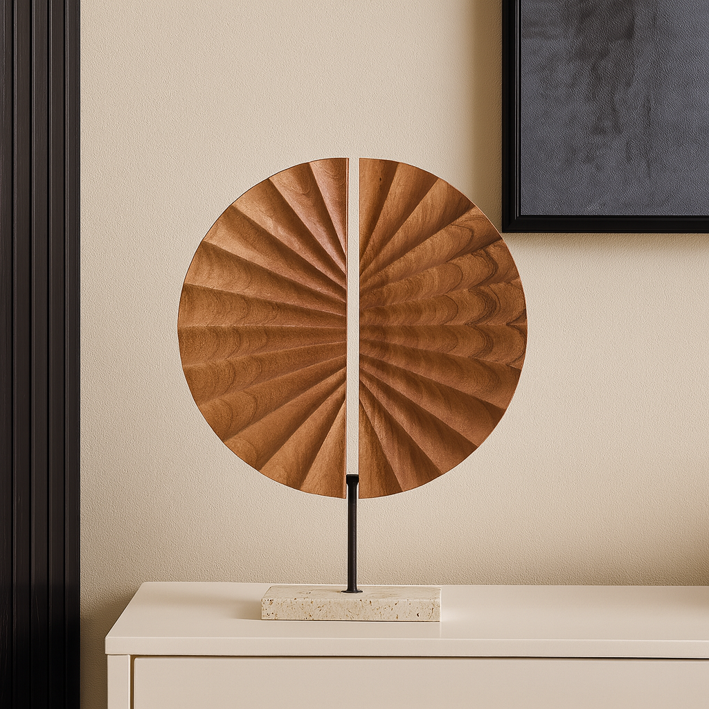 Hand-carved wooden fan sculpture on stand luxury home décor accessory