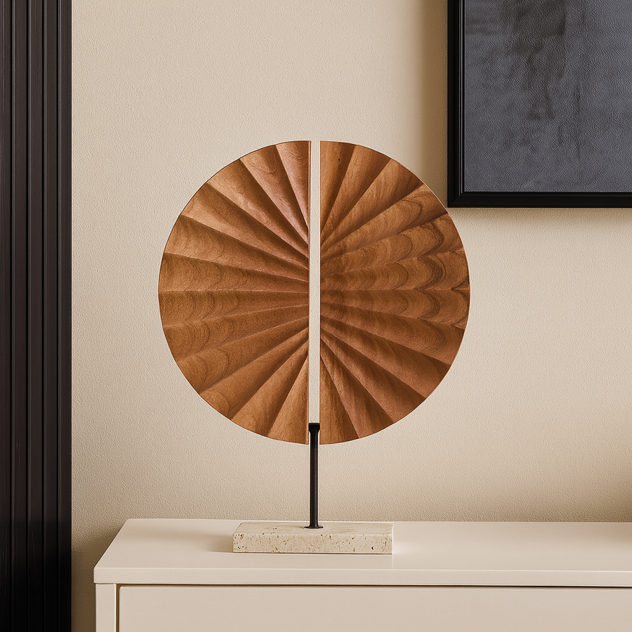 Hand-carved wooden fan sculpture on stand luxury home décor accessory