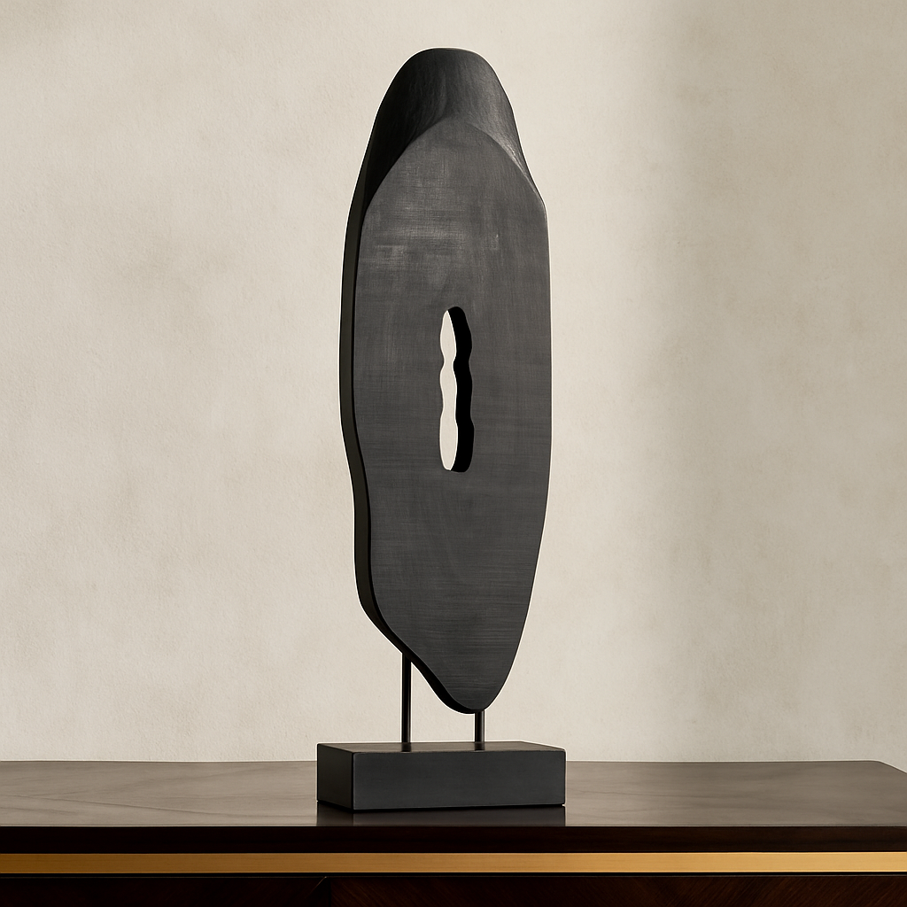 Large Black Wooden Sculpture On Stand