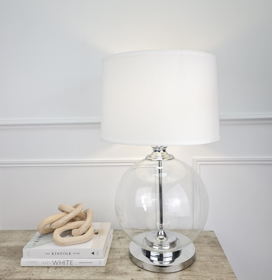 Meghan Large Round Glass Table Lamp With White Shade