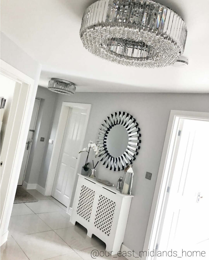 Salzburg Large Polo Flush ceiling light in a wide hallway, chrome and crystal detailing creating a luxury ambience.