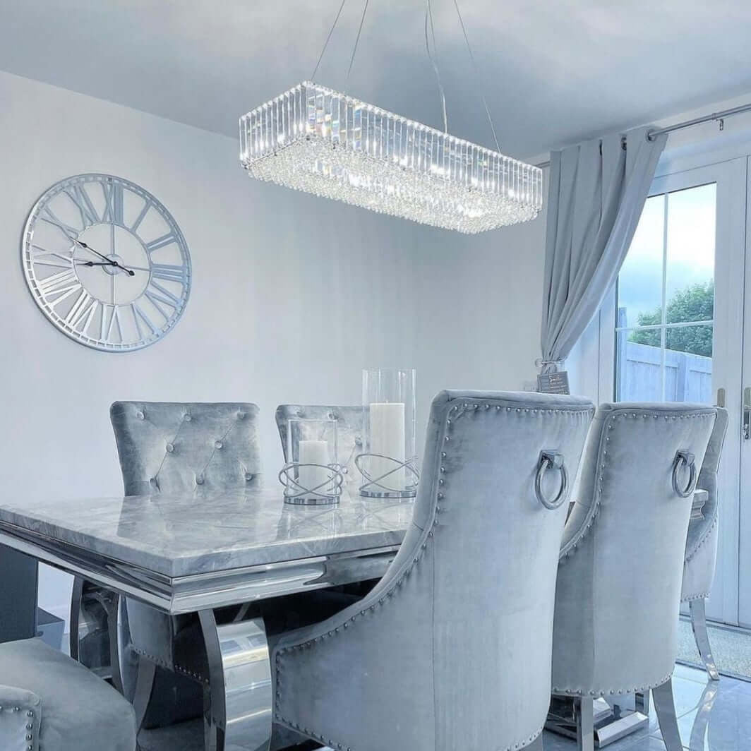 Side view of Salzburg rectangular crystal pendant bar with polished chrome frame and crystal block detailing.
