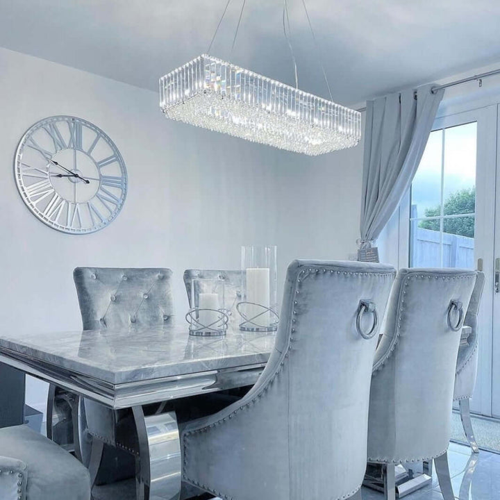 Side view of Salzburg rectangular crystal pendant bar with polished chrome frame and crystal block detailing.
