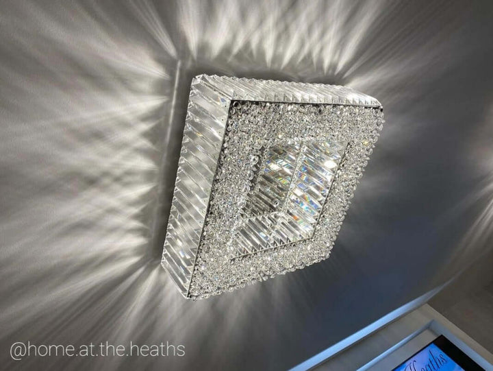 Side view of Salzburg small square flush chandelier with chrome frame and crystal glass blocks