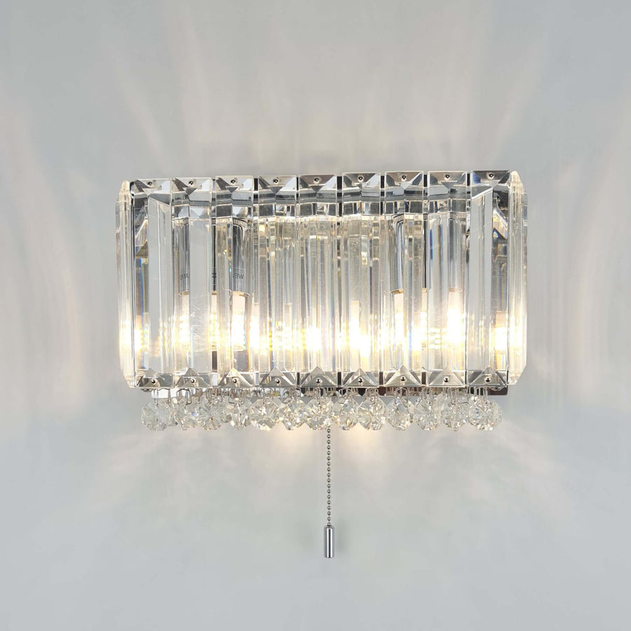 Salzburg squared wall light in polished chrome with K9 crystal blocks and crystal button detailing, modern luxury wall sconce.