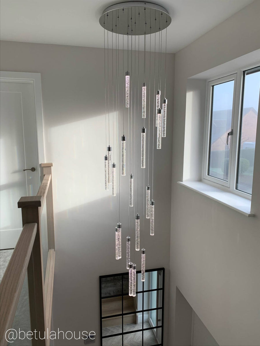 Sydney 20 light spiral pendant chandelier chrome with glass shards